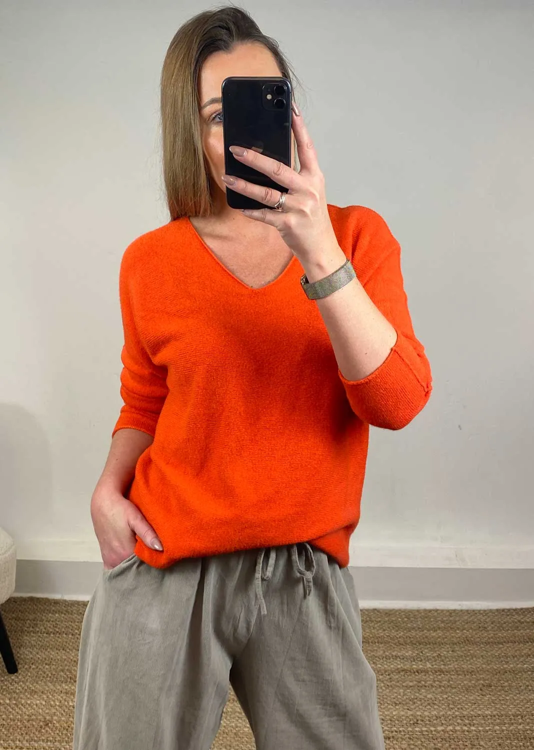 Lorna V Neck Jumper in Orange