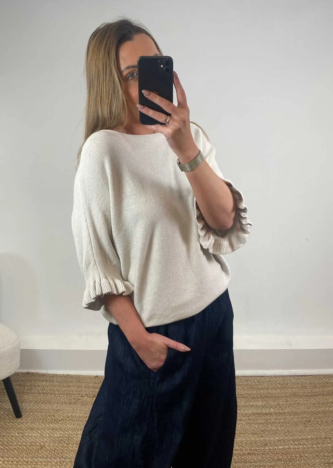 Marian Frill Sleeve Knit Top in Cream