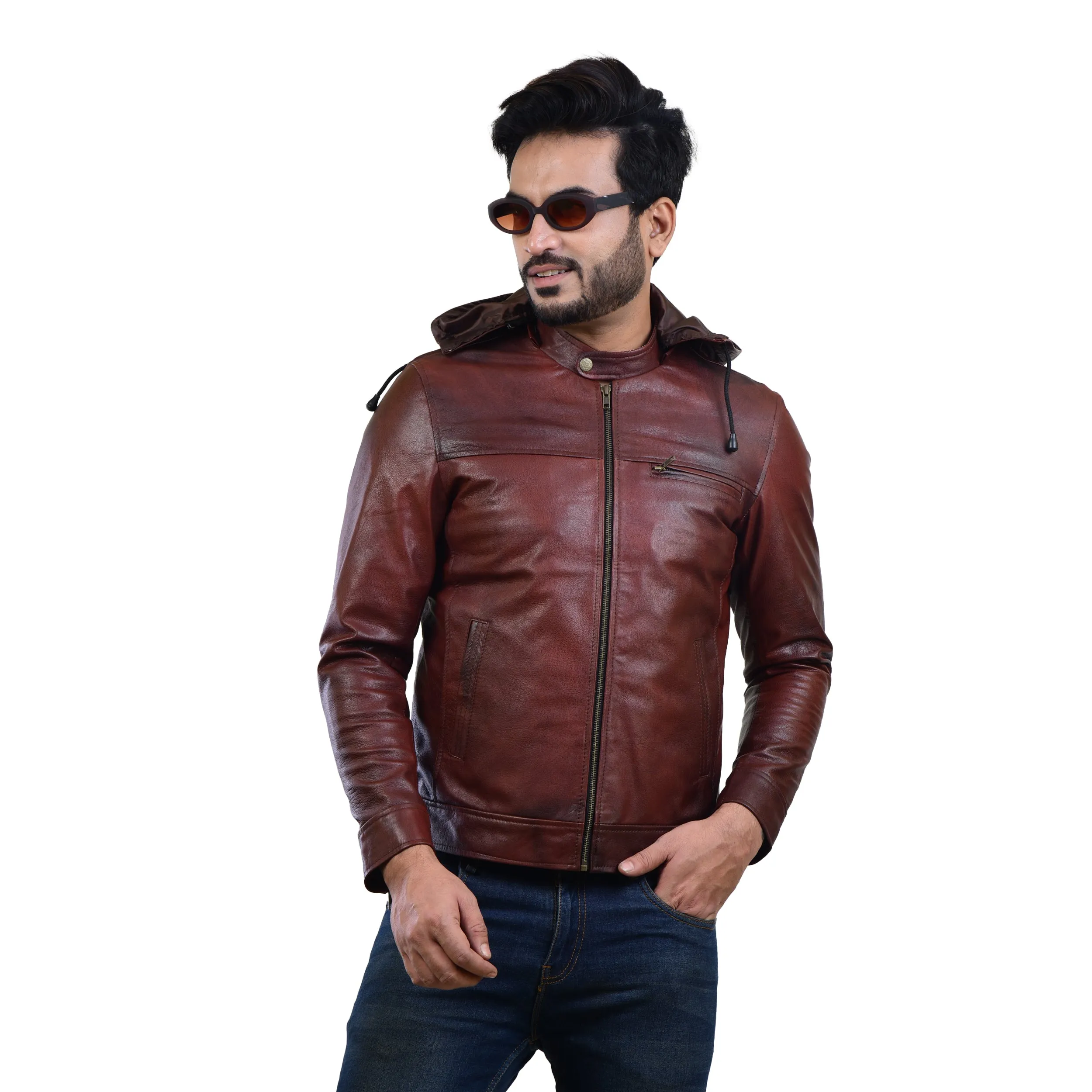 MENS LEATHER HOODED JACKET 410139(2 TONE)