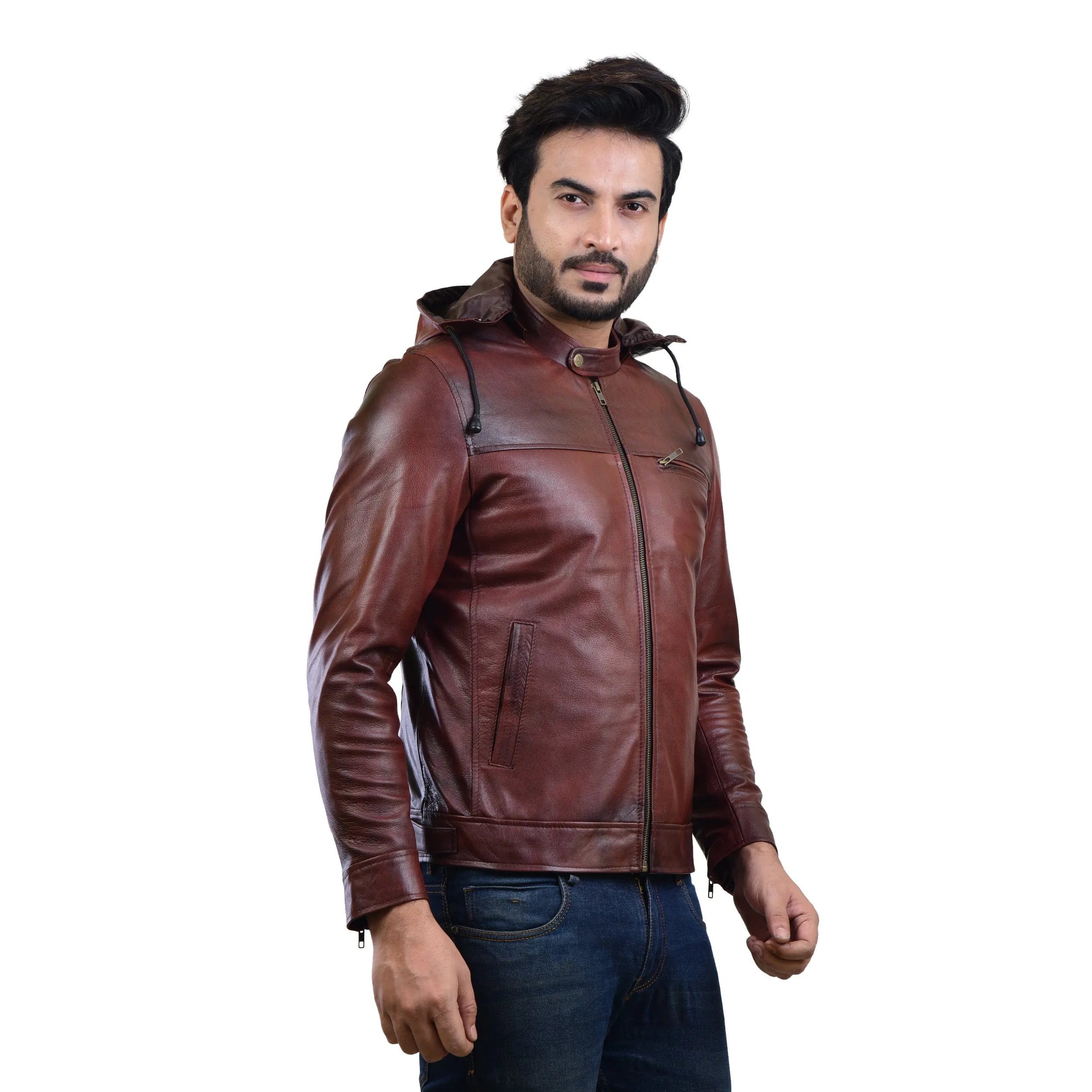 MENS LEATHER HOODED JACKET 410139(2 TONE)