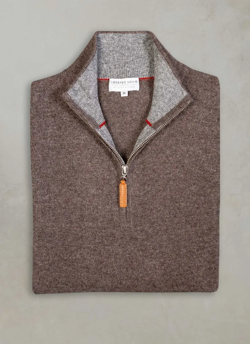 Men's Madison Quarter Zip Cashmere Sweater in Brown Heather