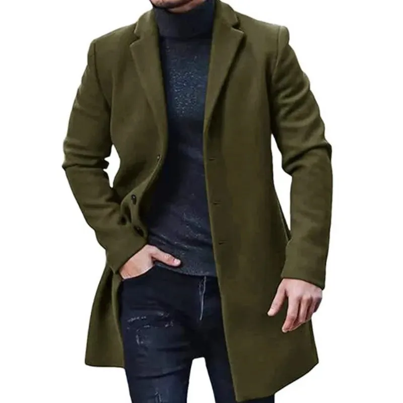 Men's Solid Color Lapel Wool Jacket for Spring Winter - Streetwear Casual Outerwear Single Breasted Long Coat, Blazer - Excellent Gift For Men