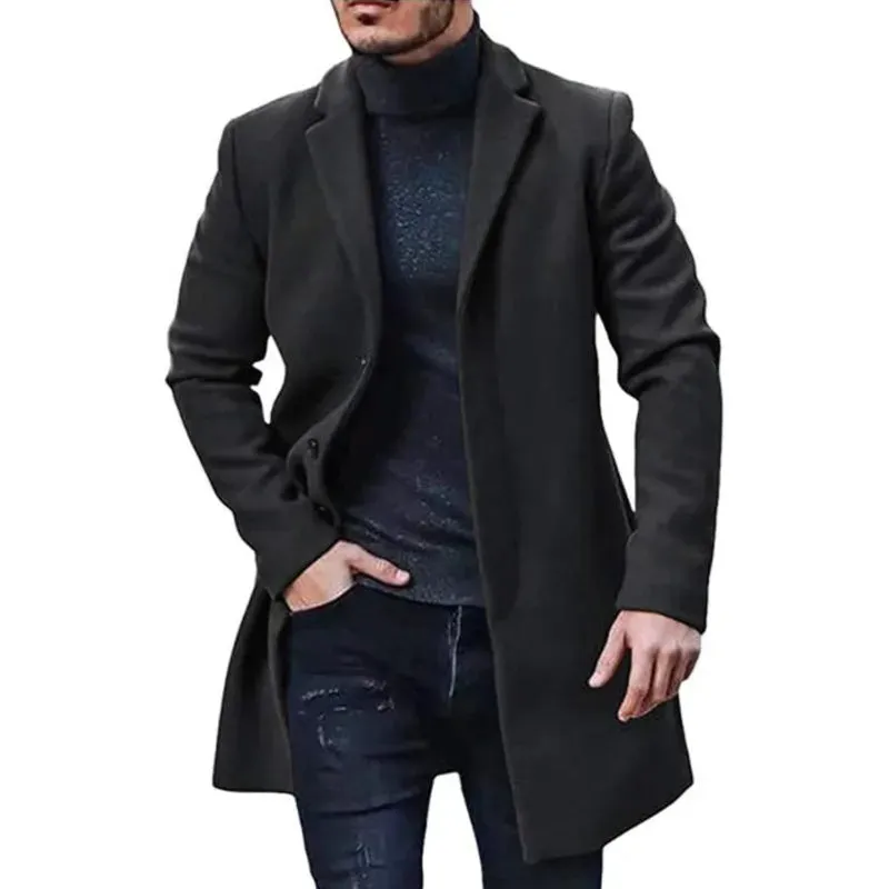 Men's Solid Color Lapel Wool Jacket for Spring Winter - Streetwear Casual Outerwear Single Breasted Long Coat, Blazer - Excellent Gift For Men