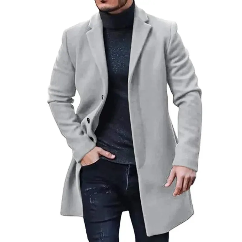 Men's Solid Color Lapel Wool Jacket for Spring Winter - Streetwear Casual Outerwear Single Breasted Long Coat, Blazer - Excellent Gift For Men