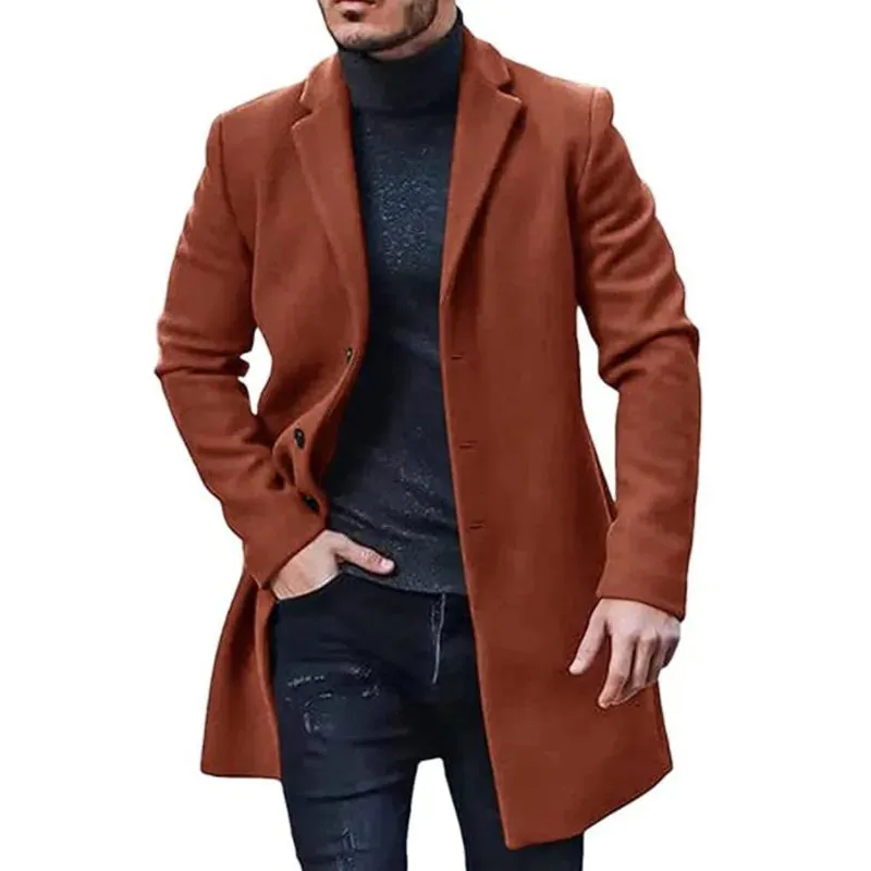 Men's Solid Color Lapel Wool Jacket for Spring Winter - Streetwear Casual Outerwear Single Breasted Long Coat, Blazer - Excellent Gift For Men