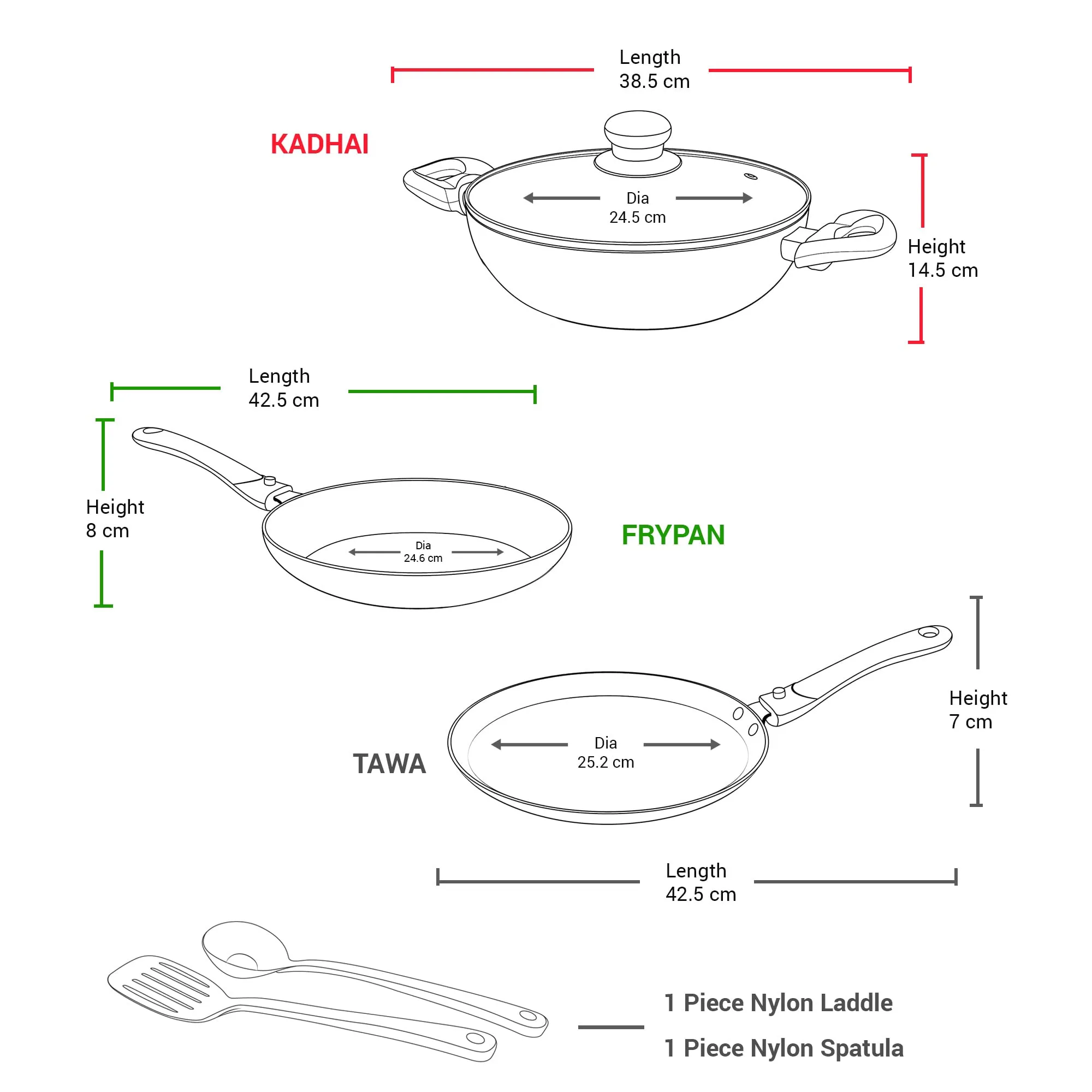 Milton Pro Cook Kitchen Pride Cookware Set of 5 (Fry pan 24 cm/1.6 litres; Kadhai 24 cm/2.5 litres with Glass lid; Tawa 25 cm; Nylon Laddle and Spatula), Peach | Non Induction |Flame Safe