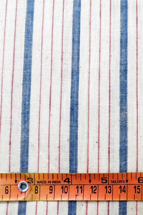 Moralfibre 100% Cotton Handspun Handwoven Light Blue And Light Red Mlulti  Stripe Fabric