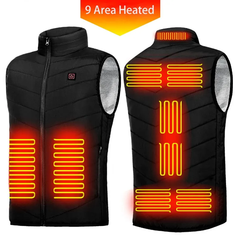 New 9 Areas Heated Vest Men Women USB Electric Heating Thermal Jacket