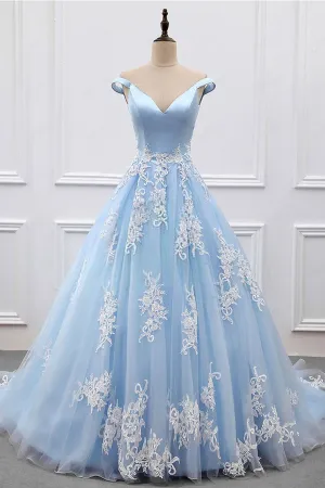 Off Shoulder Light Blue Long Prom Dresses with Lace Appliques, Light Blue Lace Formal Evening Dresses, Light Blue Ball Gown