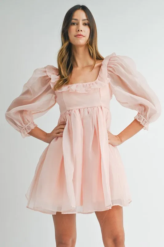 Pink Square Neck Ruffle Babydoll Dress