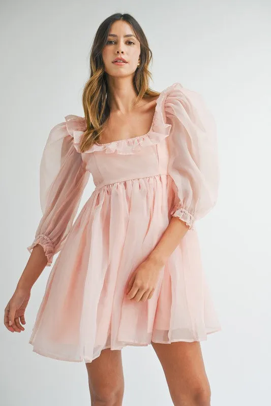 Pink Square Neck Ruffle Babydoll Dress