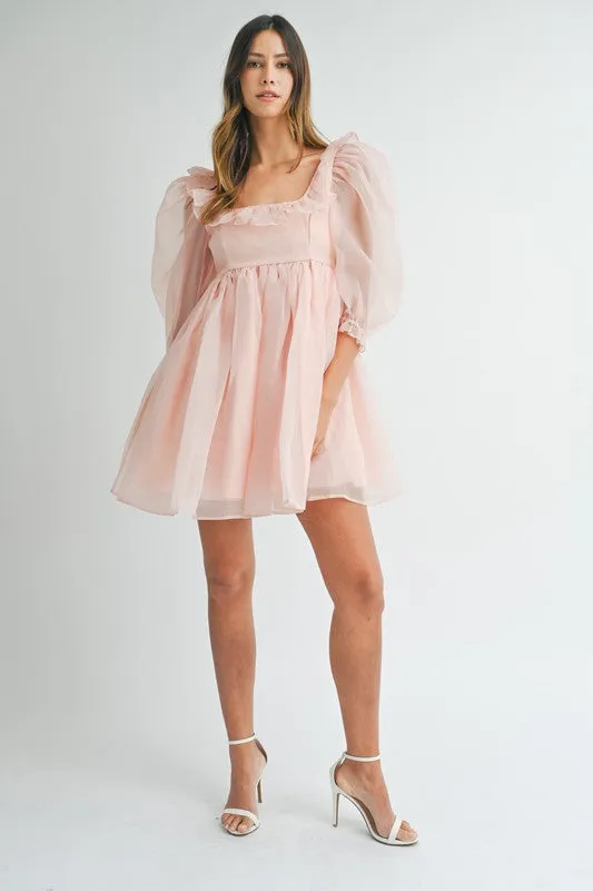 Pink Square Neck Ruffle Babydoll Dress