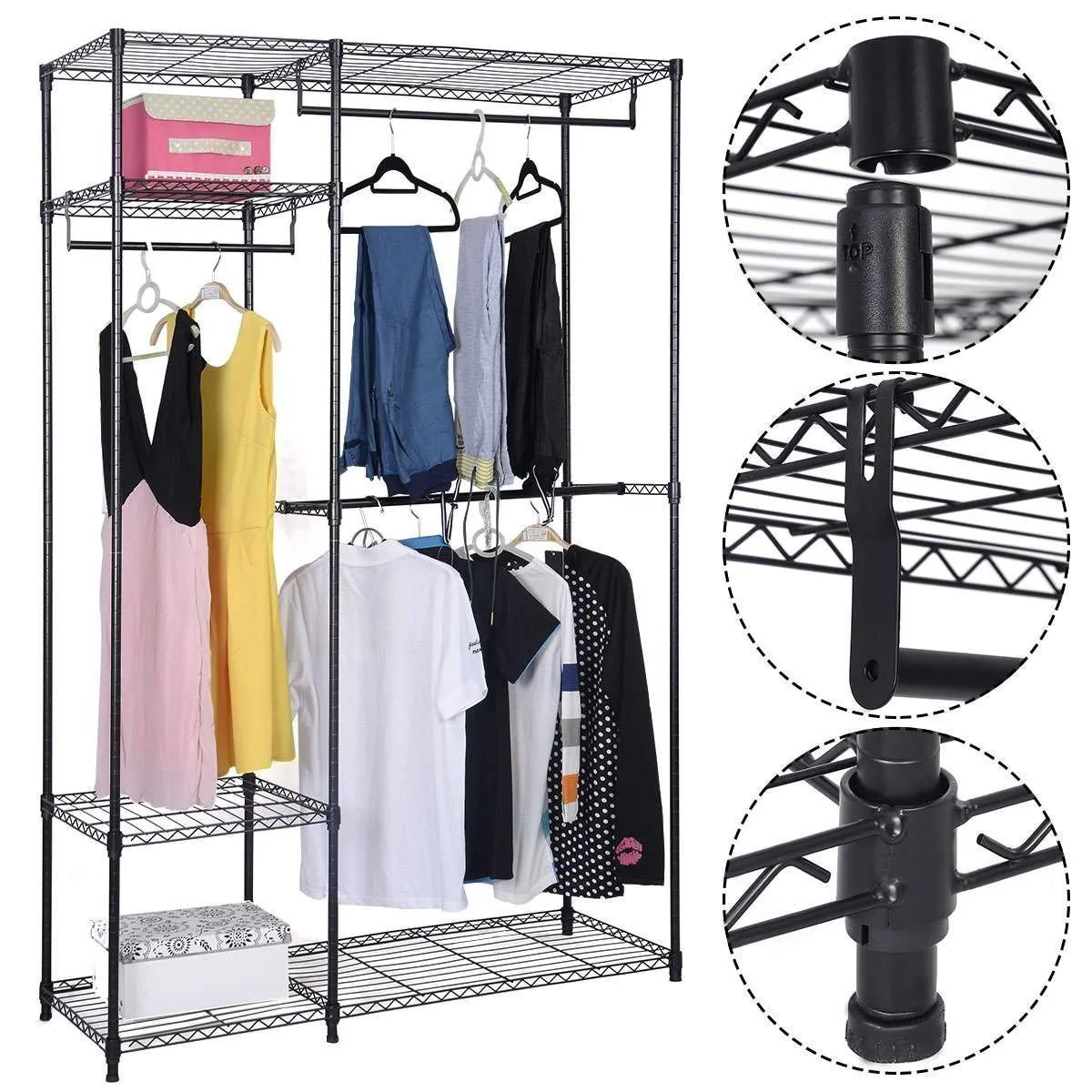 S AFSTAR Safstar Heavy Duty Clothing Garment Rack Wire Shelving Closet Clothes Stand Rack Double Rod Wardrobe Metal Storage Rack Freestanding Cloth Armoire Organizer (1 Pack)