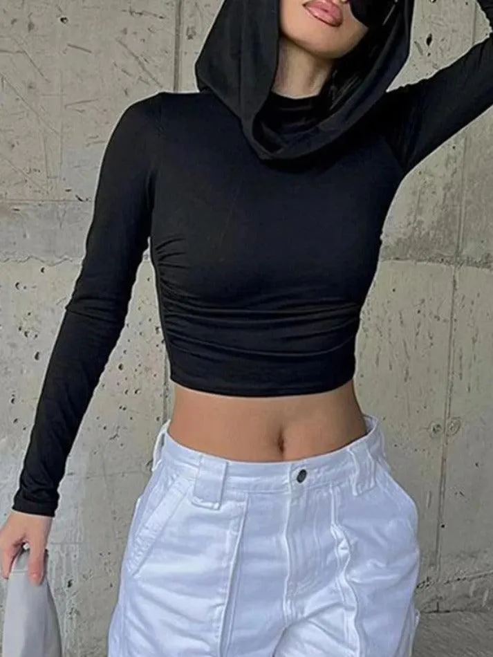 Solid Color Pleated Hooded Crop Long Sleeve Tee