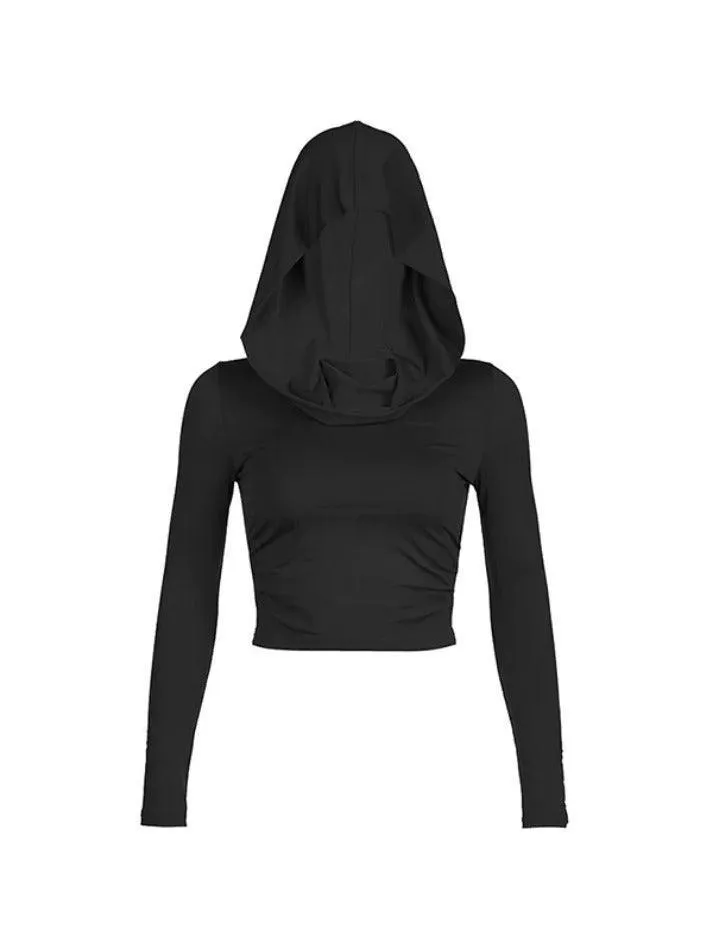 Solid Color Pleated Hooded Crop Long Sleeve Tee