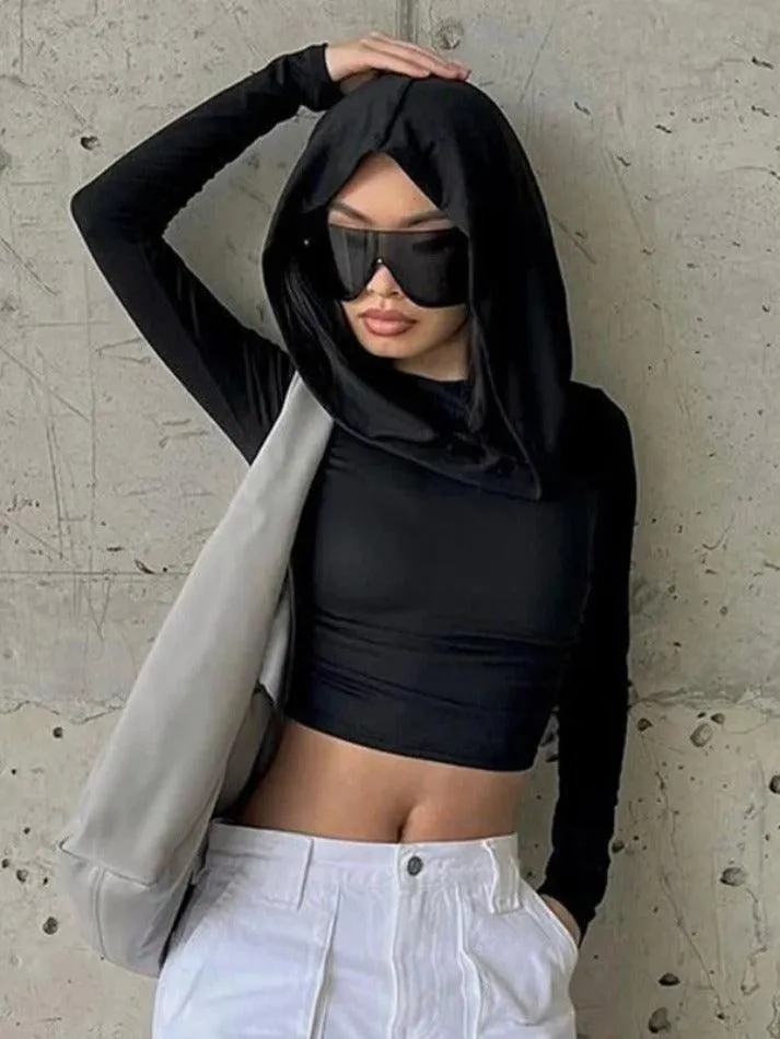 Solid Color Pleated Hooded Crop Long Sleeve Tee