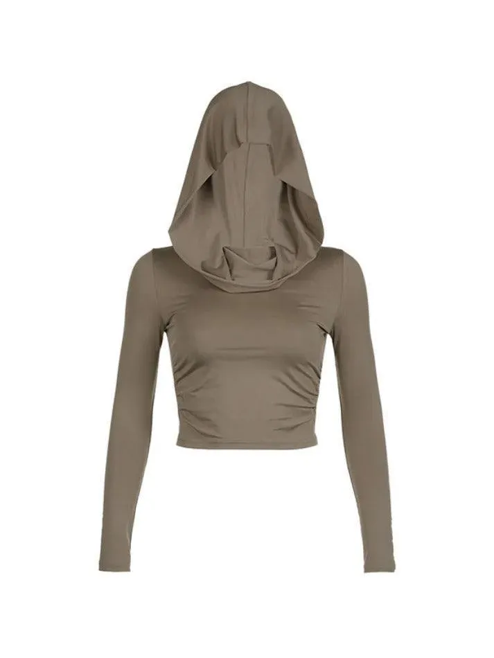 Solid Color Pleated Hooded Crop Long Sleeve Tee