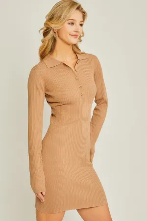 Taupe Long Sleeve Ribbed Polo Dress