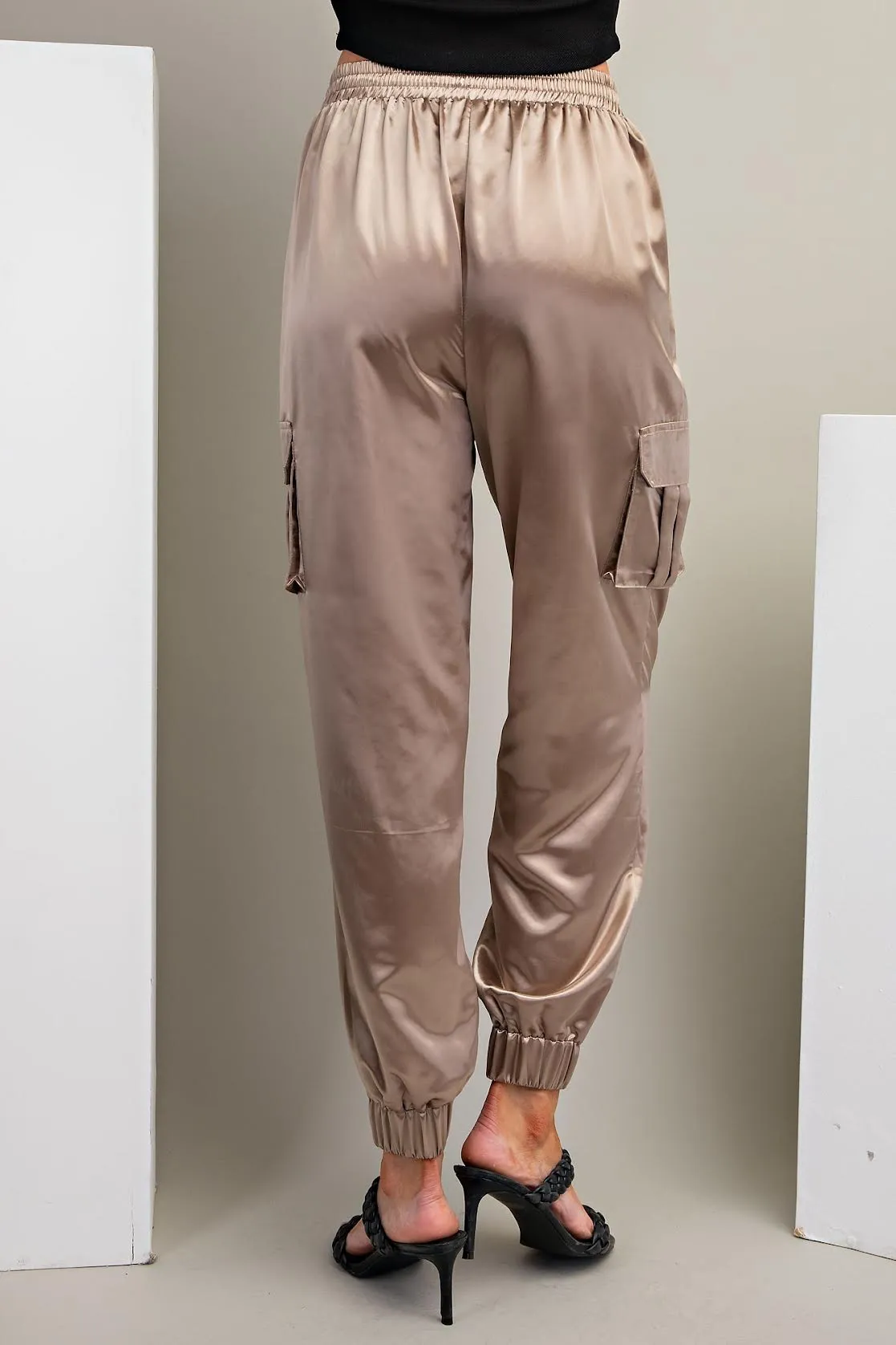 Taupe Satin Cargo Jogger Pants