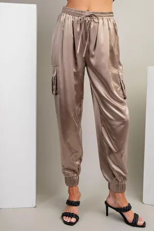 Taupe Satin Cargo Jogger Pants