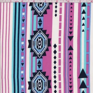 White/Fuchsia/Navy Aztec Deco Stripe Challis Fabric