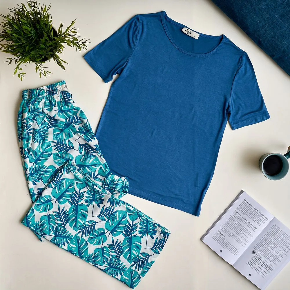 Women summer pajama set Dark blue top   Tropical leaves pants