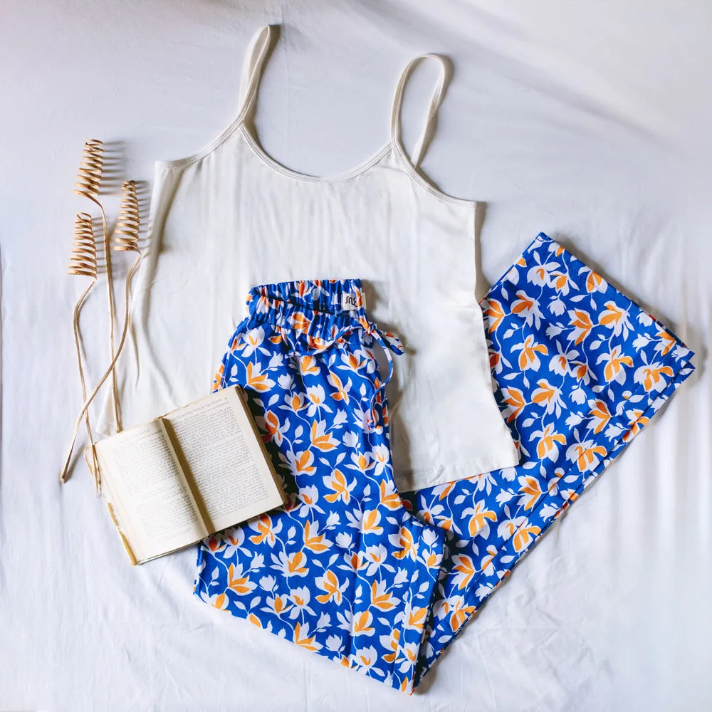 Women summer pajama set Off White top   Blue x orange floral Pants